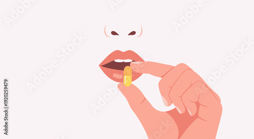 A hand holding a pill between fingers near lips, illustration of medication intake