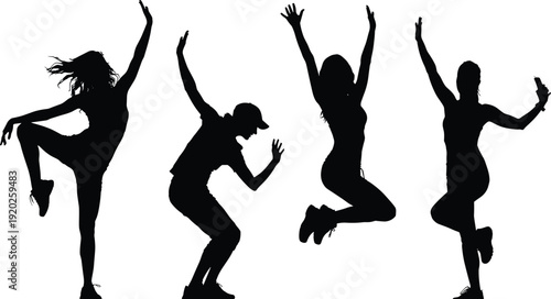 Four black silhouettes of people jumping and dancing on white background