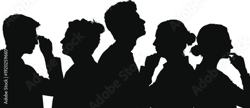 Five people silhouettes against white background group black