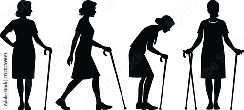 Black silhouettes of women using canes in various poses walking standing