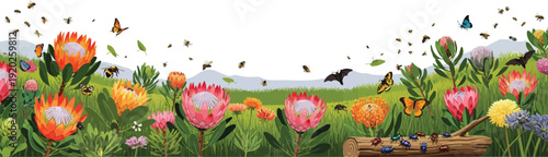 Vibrant colorful tulips and wildflowers in a lush green field with butterflies