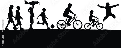 Black silhouettes of children playing and exercising outdoors white background kids