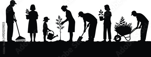 Black silhouettes of people gardening with tools and plants