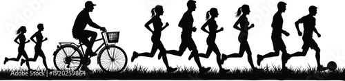 Black silhouettes of people running and one person riding a bicycle on grass person riding bicycle