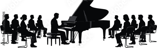 Black silhouette of people sitting in chairs around a grand piano silhouettes music