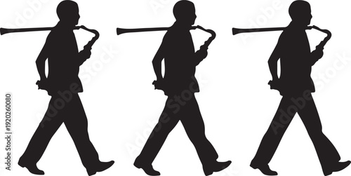 Three silhouettes of people walking with rifles in a row
