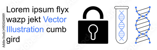 Security, data protection, biotechnology, genetic research, science innovation, encryption. Lock icon, DNA helix and test tube. Security and data protection in biotechnology concept