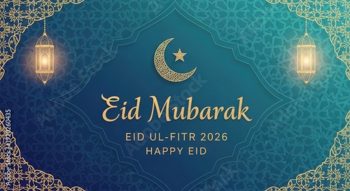 Elegant eid ul-fitr 2026 greeting card with crescent moon, star, and illuminated lanterns on a blue background