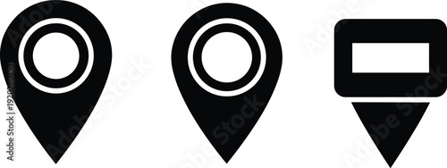 Location pin icons, black vector design, map marker symbols, navigation UI elements, digital cartography illustration, destination point graphics, cad drawing flat vector illustration