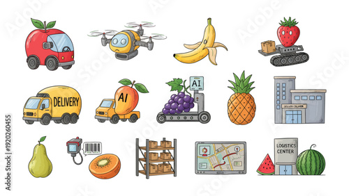 Smart Fresh Food Supply:  Innovative illustration presents a futuristic system of food transportation, from orchard to market, employing automated vehicles, drone delivery.