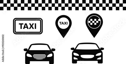Taxi service icons, black and white vector, checkerboard pattern design, location pin with taxi text, car silhouette symbols, transport branding signage, cad drawing flat vector illustration