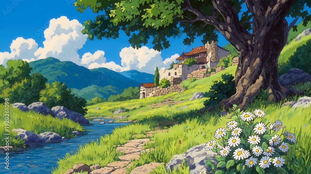 Naklejka premium Lush green landscape with vibrant flowers, serene river flowing, bright blue sky with fluffy clouds, perfect for nature themes.