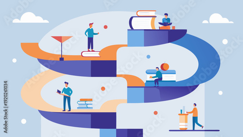 Colorful illustration of national read across america day with people reading books on winding path symbolizing education and literacy celebration