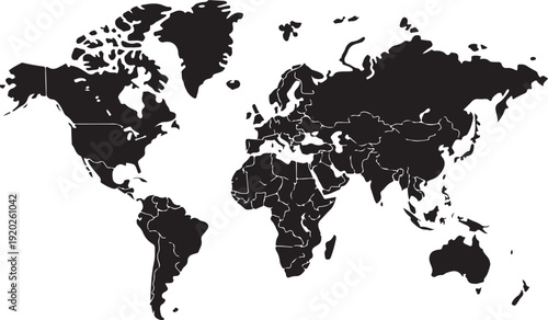 World Map Outline Contour Silhouette Borders Asia in Center