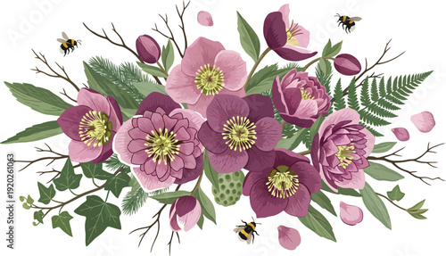 Beautiful watercolor illustration of pink flowers and greenery on white background