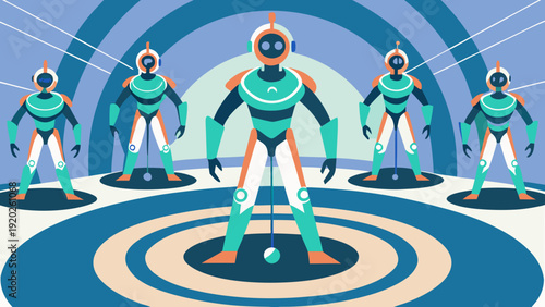 Futuristic robots standing in formation on circular platform symbolizing artificial intelligence, teamwork and advanced technology concept