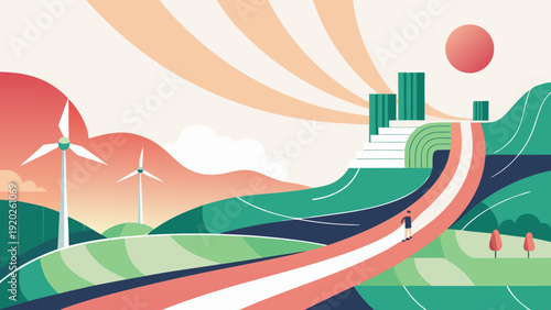 Modern eco city with wind turbines and green hills connected by winding road symbolizing sustainable energy and future urban development