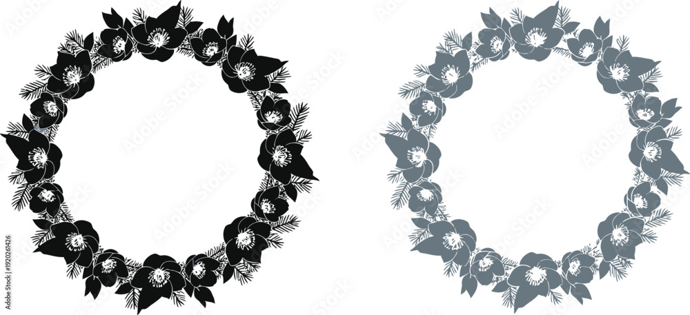 Fototapeta premium Two ornate oval frames in black and gray on a white background for decorative design elements