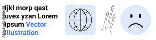Global connectivity, data exchange, analytics, emotional state, communication, technology. Globe grid, upward arrows sadness face icon. Global connectivity and data exchange concept