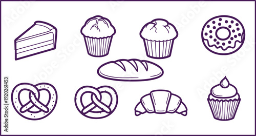 Modern Purple Bakery Line Icons Collection Featuring Donut Cupcake Bread Pie Sandwich and Baking Tools in Minimal Vector Style