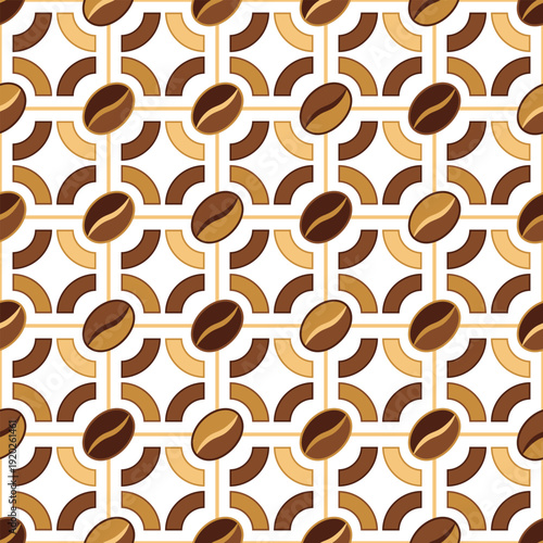 Seamless geometric pattern of coffee beans on square grid. Minimalist vector icons, abstract elements, flat design on transparent background. Suitable for food packaging, branding