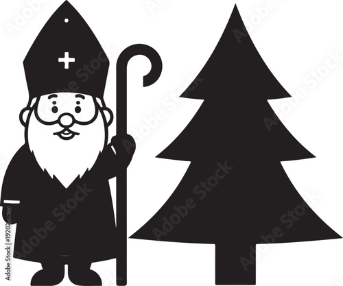 A festive scene featuring a bishop with a staff and a large christmas tree