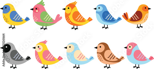 Set of cute colorful bird vector icons in flat cartoon style with different plumage patterns isolated on white background.