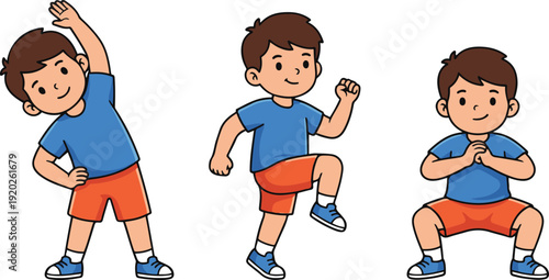 Cute cartoon boy performing warm-up exercises, including side stretching, high knees, and squatting.