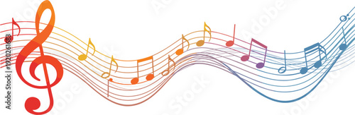 Colorful Musical Notes Flowing on Staff Wave with Treble Clef Gradient Design for Melody Concepts, Music Backgrounds, and Creative Audio Projects