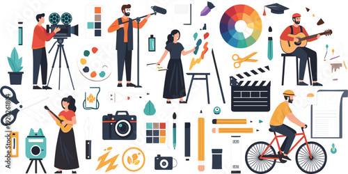 Creative Professionals and Artistic Tools Vector Set Featuring Photographers, Musicians, Painters, Designers, Videographers, and Modern Creative Workspace Elements for Multimedia Projects