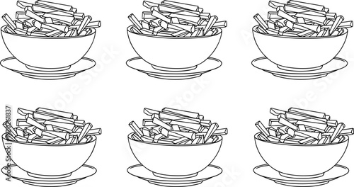 Set of French fries line art vector illustrations featuring crispy potato chips in bowls for restaurant menus snack bar branding and coloring.