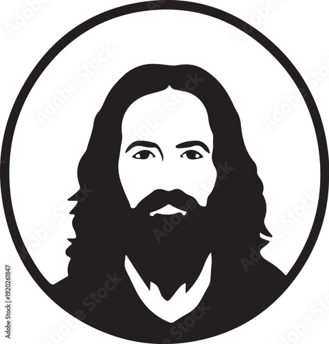 A black and white portrait of a man with long hair and a beard inside a circular frame