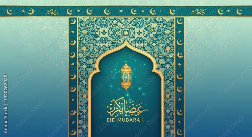 Fototapeta premium Blue and gold eid mubarak greeting with islamic arch lantern and elegant geometric patterns for festive occasions