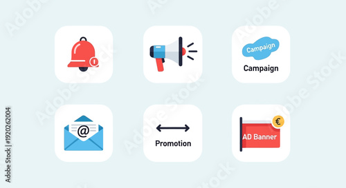 Marketing icons displayed on a light blue interface showcasing various campaign elements and promotional tools in a grid layout