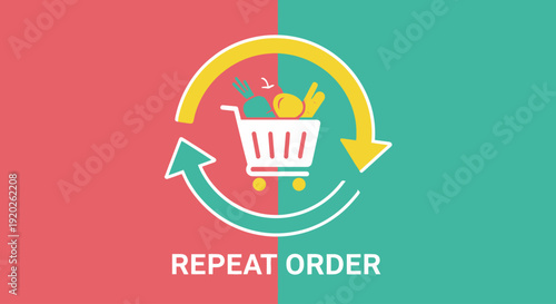 Graphic illustration of repeat order icon with shopping cart and circular arrows on red and green background