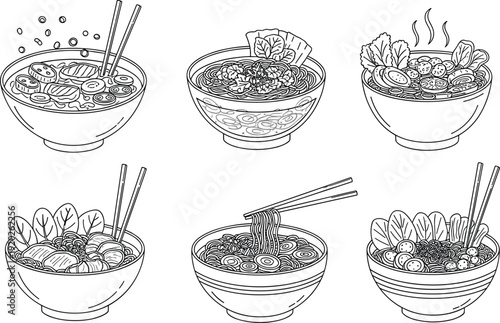 Set of noodle and ramen bowl line art vector illustrations featuring various Asian pasta dishes with vegetables meat and chopsticks in bowls.