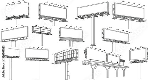 Set of outdoor billboard mockup vector illustrations featuring various advertising hoardings city signage structures and blank highway displays in clean line art.