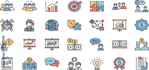 Business and Marketing Icon Set with Teamwork, Analytics, Target, Finance, Communication, Strategy, and Management Symbols for Corporate and Startup Design