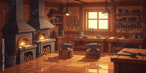 Cartoon Blacksmith Workshop Interior with Forge Furnace Anvil and Tools in Rustic Smithy Studio for Medieval Craft, Metalworking, Fantasy Game Background Illustration