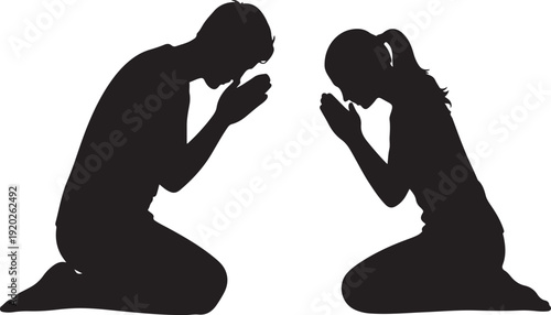 Vector art of couple praying in silhouette isolated on white background