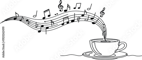 Coffee Cup with Flowing Musical Notes Line Art Illustration for Relaxing Music Concept, Cafe Ambience, Morning Melody, and Creative Beverage Designs