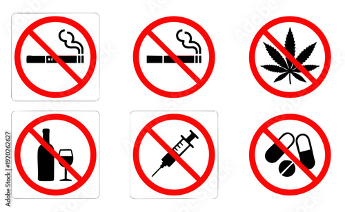 Smoking and vaping signs icon set. No smoking and smoking allowed signs with cigarette and e cigarette symbols. Prohibition and permission signs for public places. Tobacco and vaping rules
