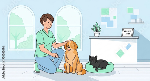 Veterinarian petting golden retriever with black cat resting beside on green cushion in clinic waiting room