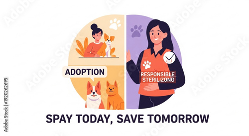 Woman promoting pet adoption and responsible sterilization with cute dogs and cats