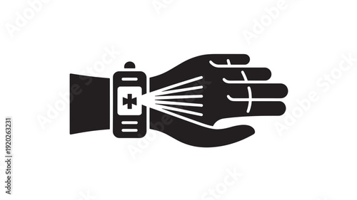 Hand sanitizer application in minimalist style with black and white color scheme on plain background for healthcare advertising
