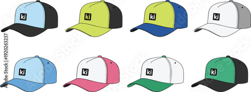 Set of baseball cap vector illustrations featuring various color combinations and front logo placement for apparel branding and merchandise mockups.