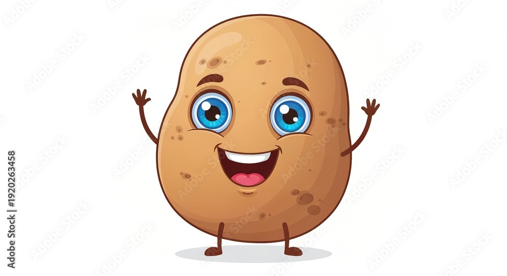 Obraz premium Happy Smiling Potato Character with Waving Hands on Plain White Background, Cute Vegetable Cartoon