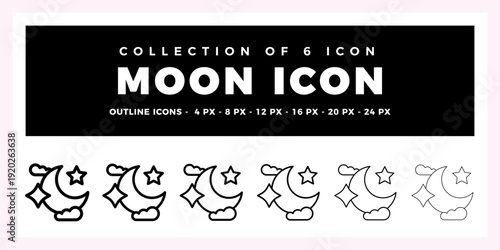 Collection of 6 Moon Icons.  Outline. Vector. Night Sky
