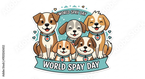 Cute dogs celebrate world spay day with hearts and a blue banner