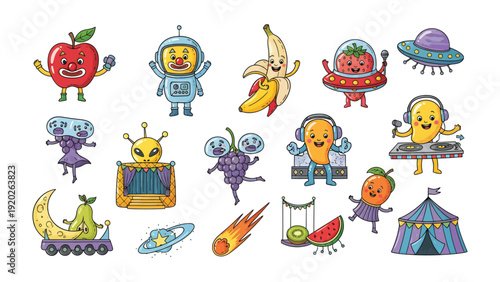 Fanciful Food Characters: A vibrant assortment of anthropomorphic fruits and vegetables engage in playful activities, with a playful array of comical food characters.